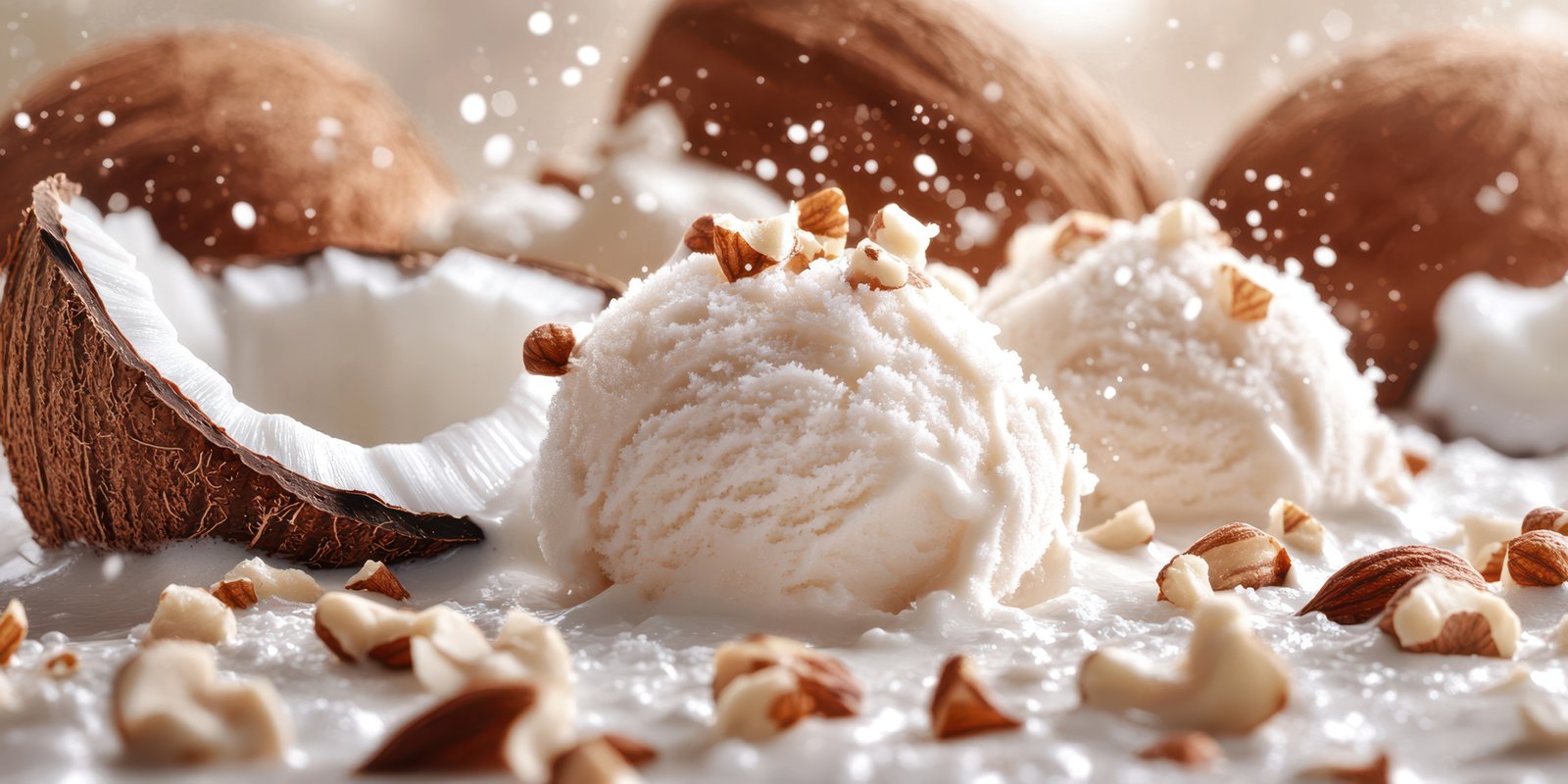 Creamy coconut ice cream topped with crushed nuts and shredded coconut creating a delicious dessert experience